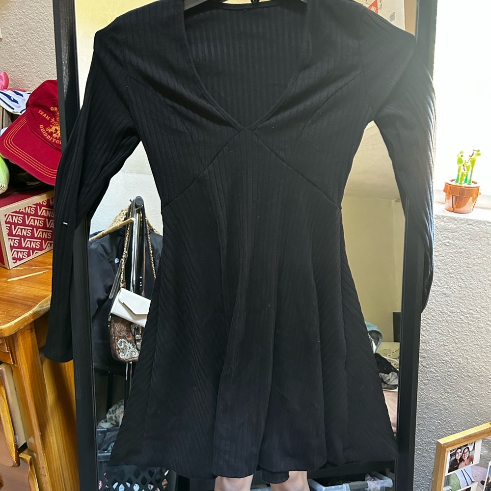 Mine black, long sleeve, deep v neck dress